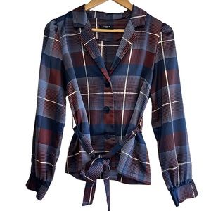 FRNCH Plaid Button-Front Tie Waist Blouse in Navy and Burgundy